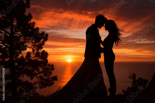 breathtaking silhouette photo of the newlyweds against a stunning sunset backdrop, representing the beginning of their journey. Photo