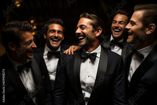 playful photo of the groom and his groomsmen sharing a moment of camaraderie, perhaps during preparations. Photo