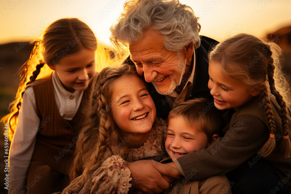 heartwarming photo of the senior couple surrounded by their children and grandchildren, illustrating the beauty of intergenerational love. Photo