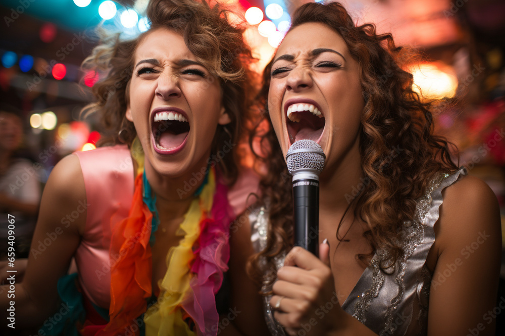 fun and candid photo of the bride and her friends belting out tunes at a karaoke bar, showcasing their bond and enthusiasm. Photo fun and candid photo of the bride and her friends belting out tunes at a karaoke bar, showcasing their bond and enthusiasm. Photo