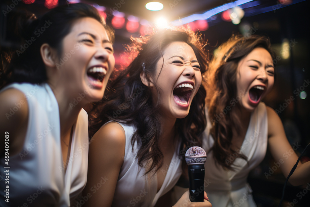 fun and candid photo of the bride and her friends belting out tunes at a karaoke bar, showcasing their bond and enthusiasm. Photo fun and candid photo of the bride and her friends belting out tunes at a karaoke bar, showcasing their bond and enthusiasm. Photo