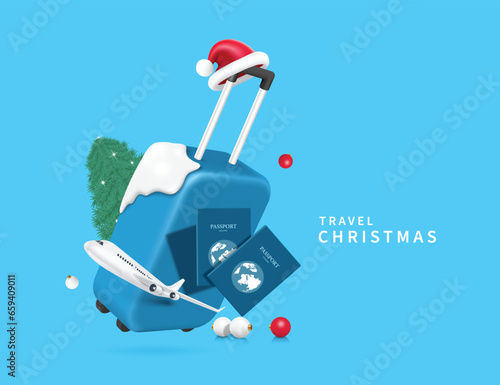 Santa hat rests on handle of a luggage with a Christmas tree on the back and snow, a passport, a plane taking off on the front