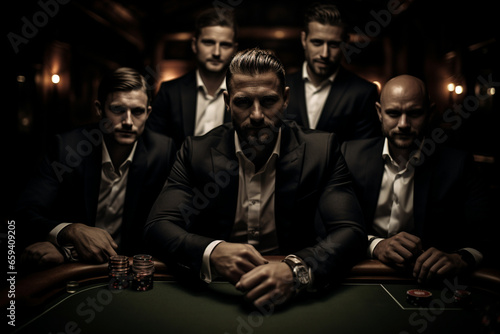 stylish photo of the groom and his pals gathered around a poker table, embodying the essence of a classic casino night. Photo
