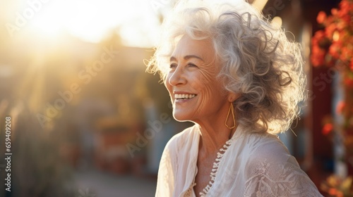 Smiling senior woman in sunlight
