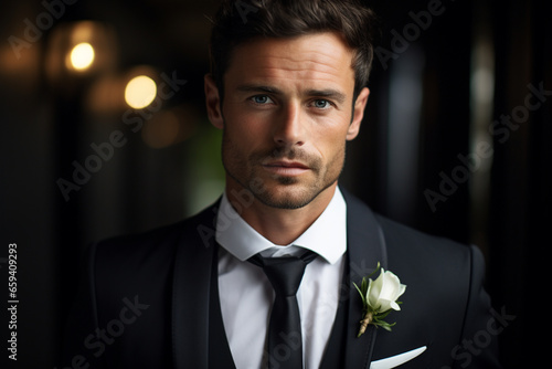 close-up portrait photo of the groom with a confident and charismatic expression, capturing his last moments of bachelorhood. Photo photo