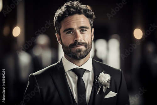 close-up portrait photo of the groom with a confident and charismatic expression, capturing his last moments of bachelorhood. Photo photo