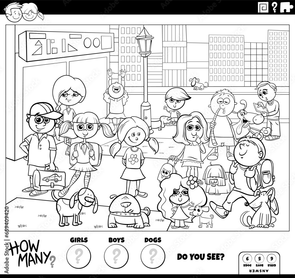 counting cartoon children and dogs educational activity coloring page