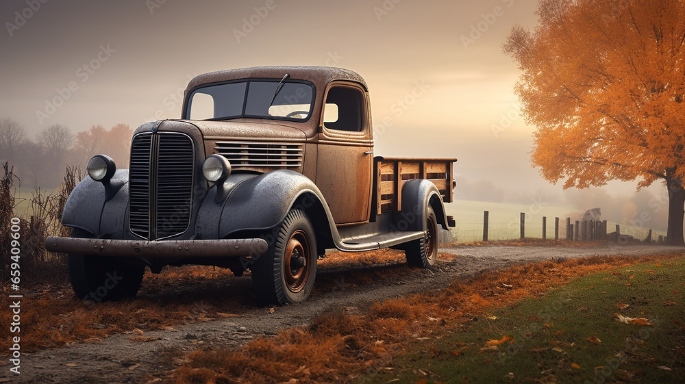 A vintage blue pickup truck loaded. Misty mountains in the background. - obrazy, fototapety, plakaty 