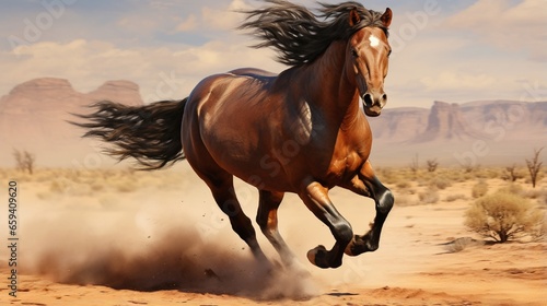 In the desert, a bay horse is galloping. photo