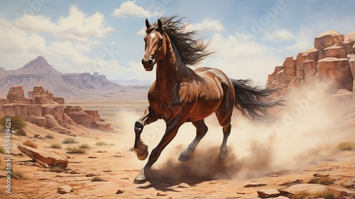 In the desert, a bay horse is galloping.