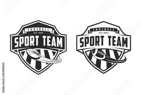 American Football sport logo. Vintage football logo with ball. American Football retro logo. Vintage badge with text and ball silhouette. Vector illustration