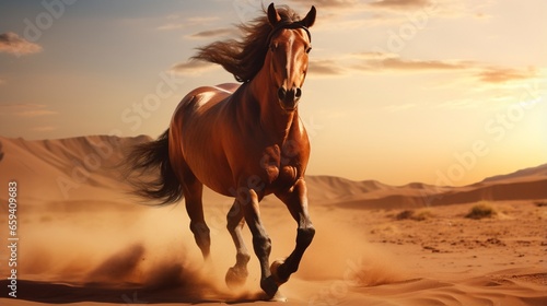 In the desert, a bay horse is galloping. © Nazia