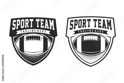 American Football sport logo. Vintage football logo with ball. American Football retro logo. Vintage badge with text and ball silhouette. Vector illustration