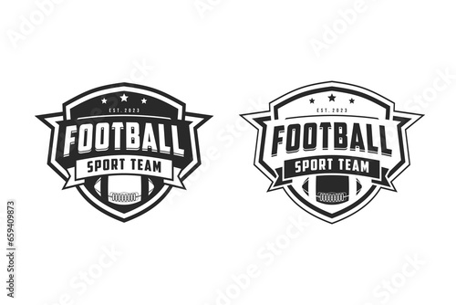 American Football sport logo. Vintage football logo with ball. American Football retro logo. Vintage badge with text and ball silhouette. Vector illustration