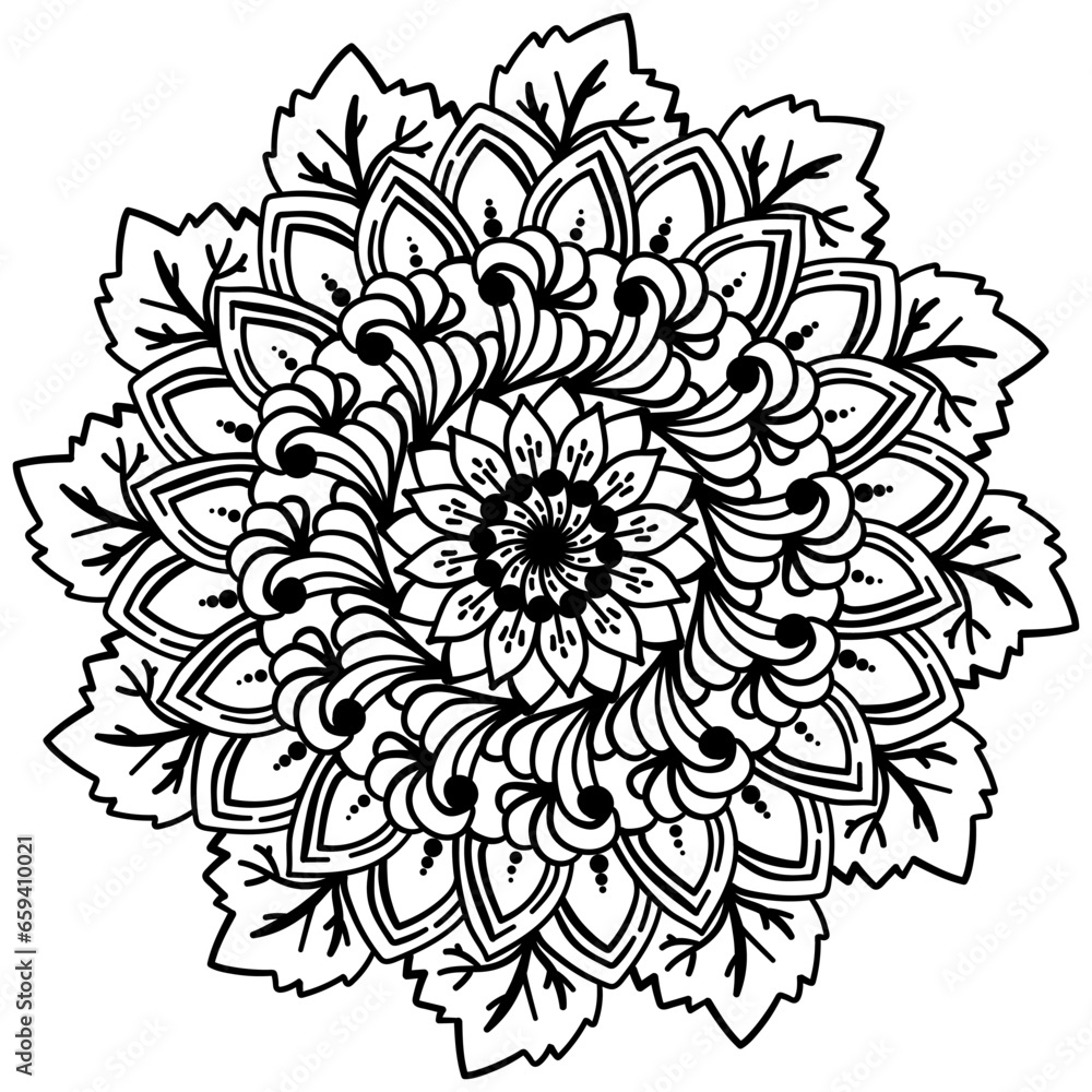 Mandala in the shape of a flower with berries and leaves, natural doodle coloring page for kids and adults Mandala in the shape of a flower with berries and leaves, natural doodle coloring page for kids and adults