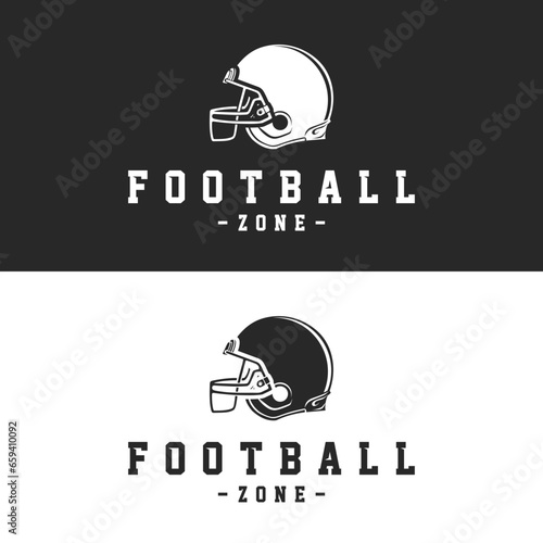 American Football sport logo. Vintage football logo with ball. American Football retro logo. Vintage badge with text and ball silhouette. Vector illustration