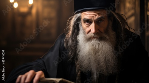Portrait of an old jewish man with a long beard reading the bible photo