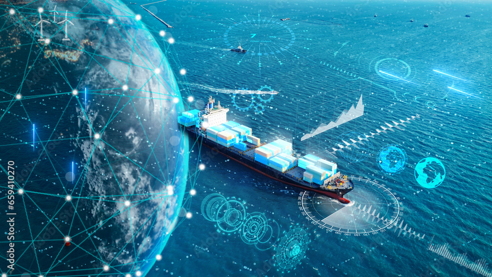 AI Cargo ship technology. Global Logistics international delivery concept, World map logistics and supply chain network distribution container Ship running for export import to customs ocean. - obrazy, fototapety, plakaty 
