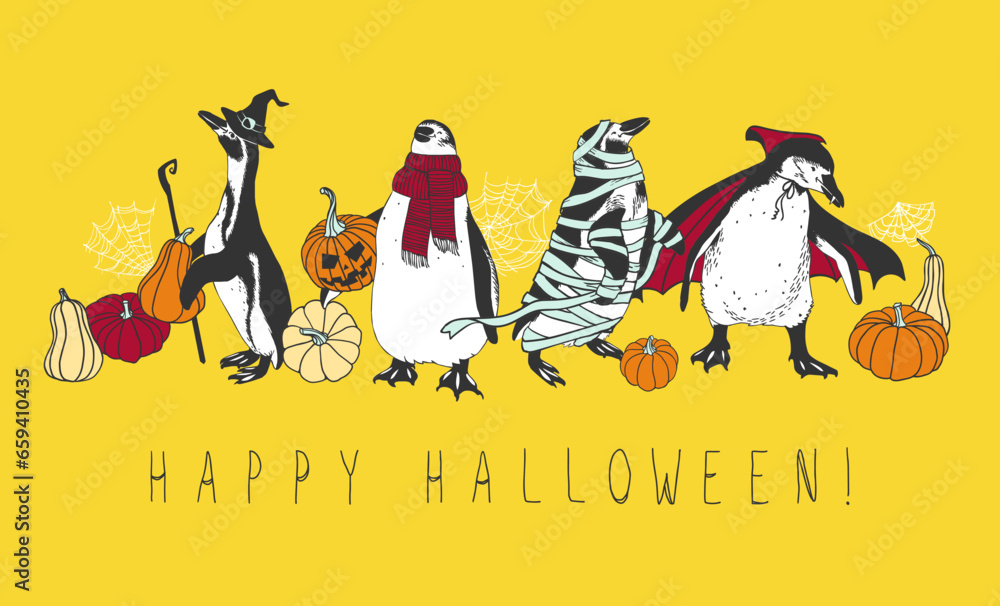 Obraz premium Happy Halloween greeting card. Penguins in costumes