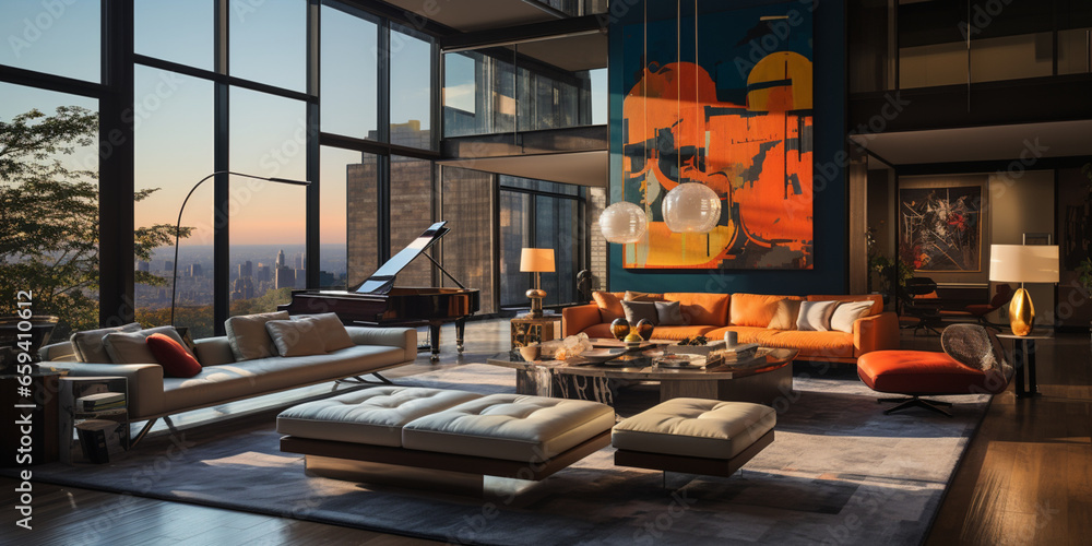 Interior Design modern Living room, windows show stunning view of the city skyline, Apartment room Interior Design modern Living room, windows show stunning view of the city skyline, Apartment room