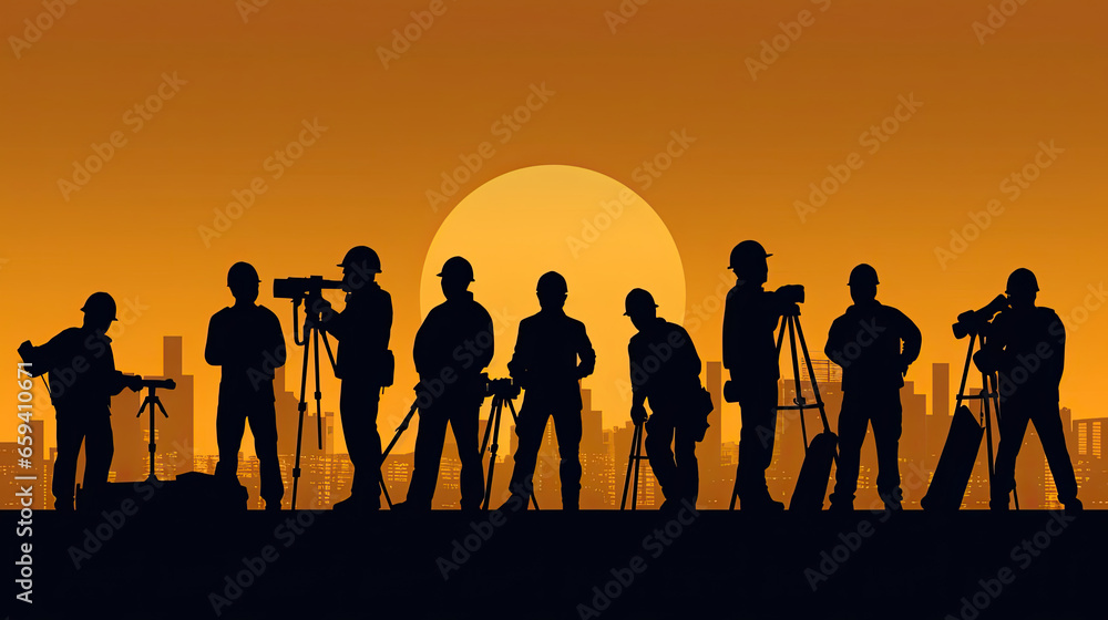 Silhouette of a Group of Construction Workers doing happy Work poses wearing safety guards and plastic helmets. flat vector illustration. Generative Ai Silhouette of a Group of Construction Workers doing happy Work poses wearing safety guards and plastic helmets. flat vector illustration. Generative Ai