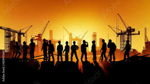 Silhouette of a Group of Construction Workers doing happy Work poses wearing safety guards and plastic helmets. flat vector illustration. Generative Ai