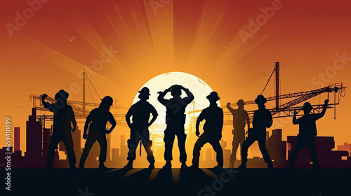 Silhouette of a Group of Construction Workers doing happy Work poses wearing safety guards and plastic helmets. flat vector illustration. Generative Ai