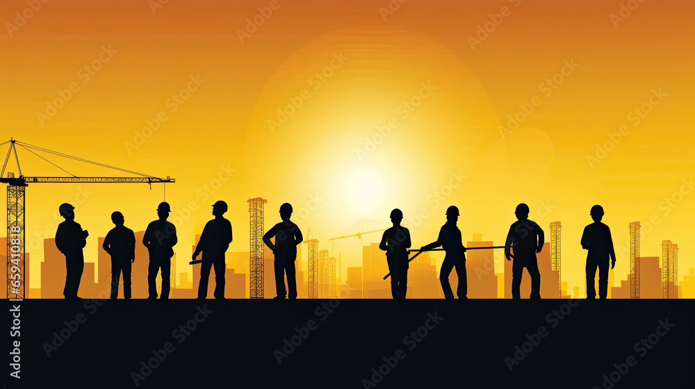 Fototapeta premium Silhouette of a Group of Construction Workers doing happy Work poses wearing safety guards and plastic helmets. flat vector illustration. Generative Ai