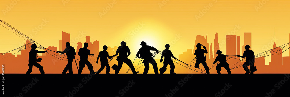 Silhouette of a Group of Construction Workers doing happy Work poses wearing safety guards and plastic helmets. flat vector illustration. Generative Ai Silhouette of a Group of Construction Workers doing happy Work poses wearing safety guards and plastic helmets. flat vector illustration. Generative Ai
