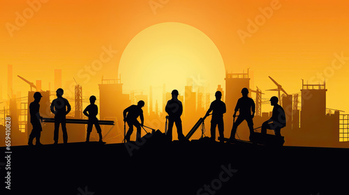 Silhouette of a Group of Construction Workers doing happy Work poses wearing safety guards and plastic helmets. flat vector illustration. Generative Ai
