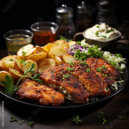 Pork schnitzel with potatoes and cabbage