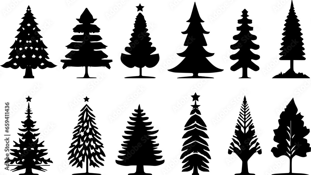 Collection of black and white fir tree silhouettes. Fir tree design for
