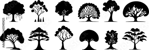 A collection of shady tree silhouettes of various types. Black and white tropical tree vector for design needs