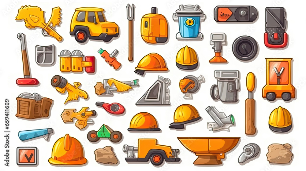 Stickers, Construction tools, Cartoon caricature tools. Plastic cap, surveyor, plumb, masonry trowel, mortar mixer, sand cart. Generative Ai.