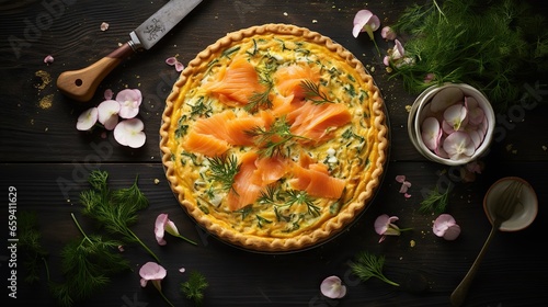  a quiche with salmon and herbs on a wooden table.  generative ai