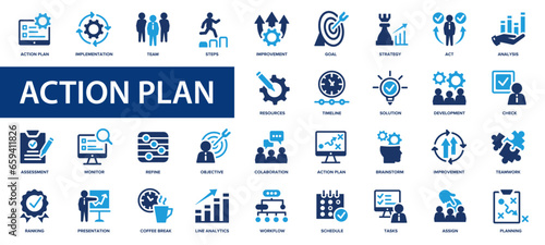 Action plan flat icons set. Goal, team, timeline, schedule, strategy, analysis, tasks, planning. Flat icon collection.