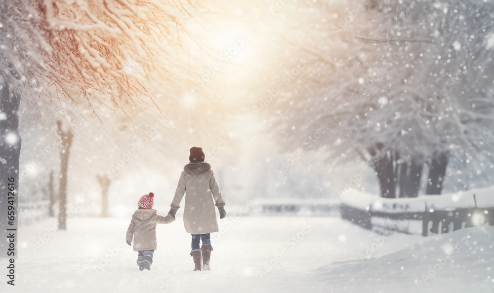 portrait of cheerful mother and little kid together in winter park when snow falls copy space. Magical winter fairytale landscape portrait of cheerful mother and little kid together in winter park when snow falls copy space. Magical winter fairytale landscape