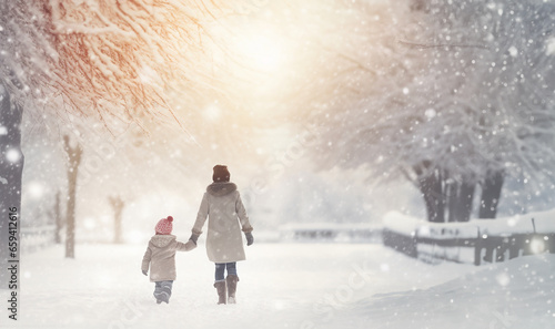 portrait of cheerful mother and little kid together in winter park when snow falls copy space. Magical winter fairytale landscape