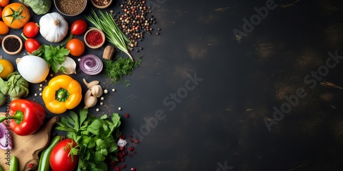 Engage with a vibrant and fresh flat lay, presenting a diverse assortment of fruits and vegetables, meticulously arranged, offering a delightful visual feast, with a blank space for custom usage.