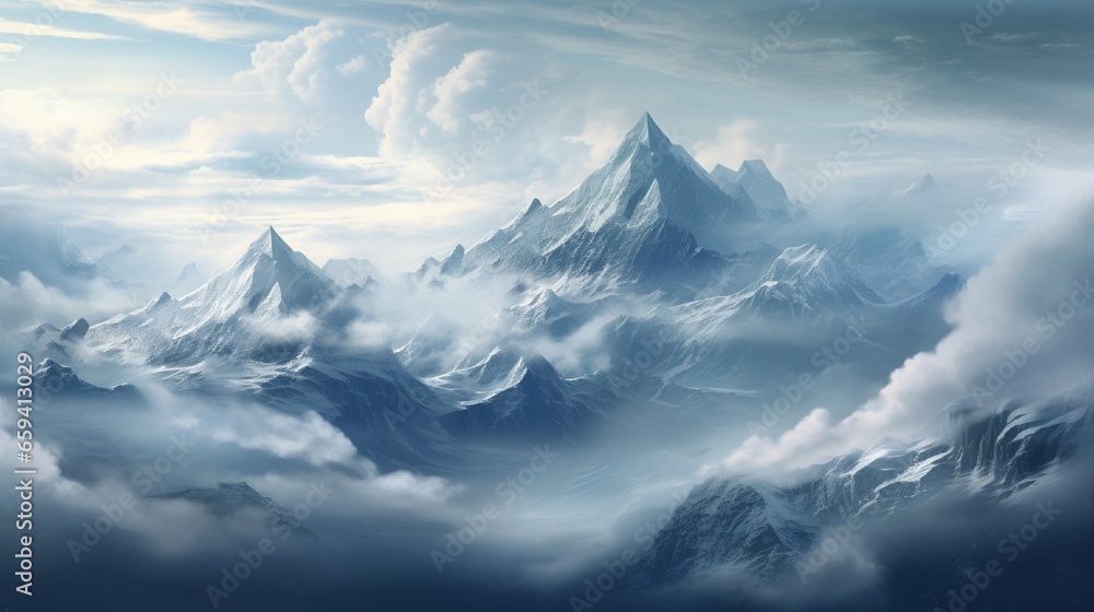 picturesque snowy mountains with peaks hidden under fluffy clouds.