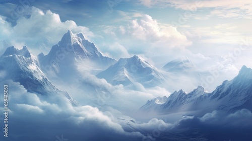 picturesque snowy mountains with peaks hidden under fluffy clouds.
