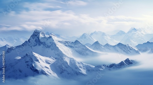 picturesque snowy mountains with peaks hidden under fluffy clouds. © Nazia