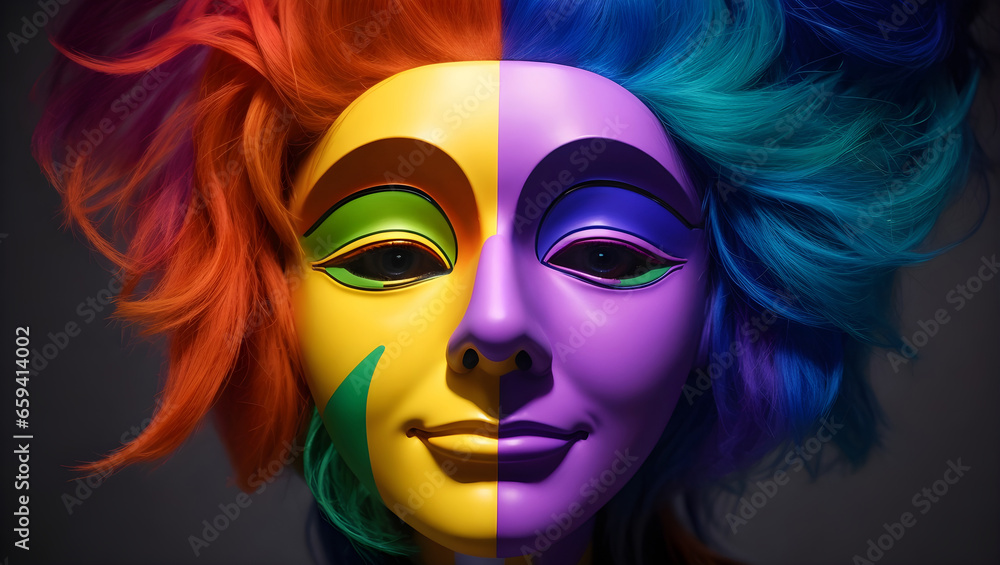  A Vibrant Masquerade Face Mask in fine detail painted in bright yellow, purple, blue, green, orange shades worn in Plays, drama, theatre, carnivals and culture shows.