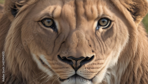 An Ultra close up shot of a Face of a African Lion staring at the camera in fine detailed skin textures.