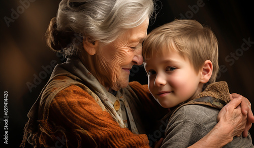 Lots of tenderness and love in the hug between grandmother and grandson. AI generated