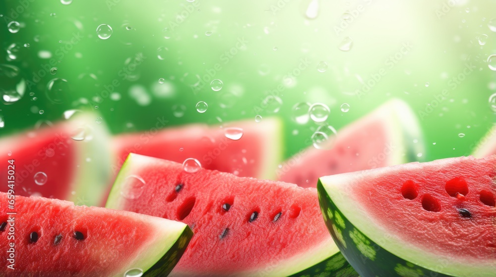 Fresh sliced watermelon pieces background with free place for text. Summer tropical banner Fresh sliced watermelon pieces background with free place for text. Summer tropical banner