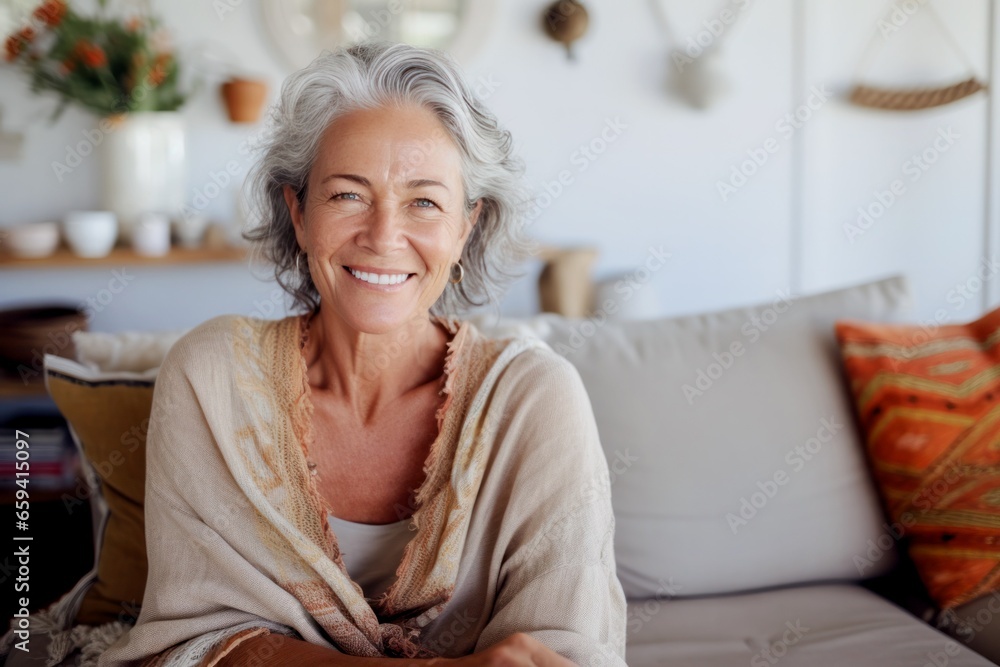 smiling middle aged woman sitting on sofa at home smiling middle aged woman sitting on sofa at home
