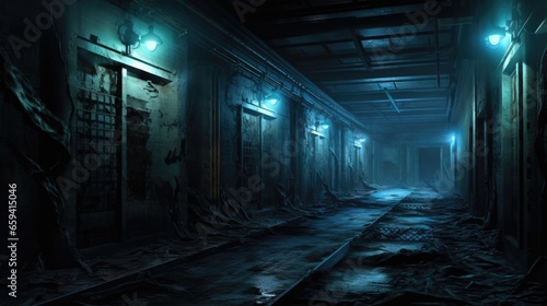 background of creepy interior hallway or tunnel of an abandoned building, concept art, digital illustration, haunted house, scary interior