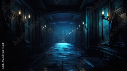 background of creepy interior hallway or tunnel of an abandoned building  concept art  digital illustration  haunted house  scary interior