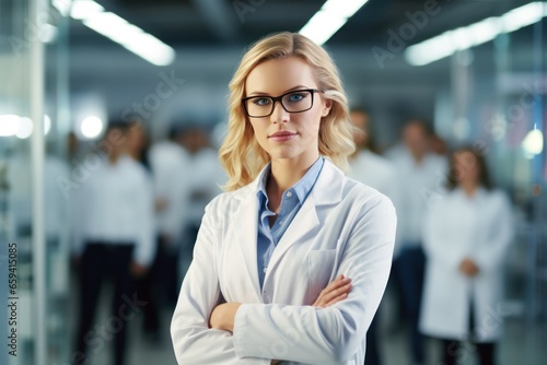 beautiful young woman scientist standing with arms crossed in modern laboratory